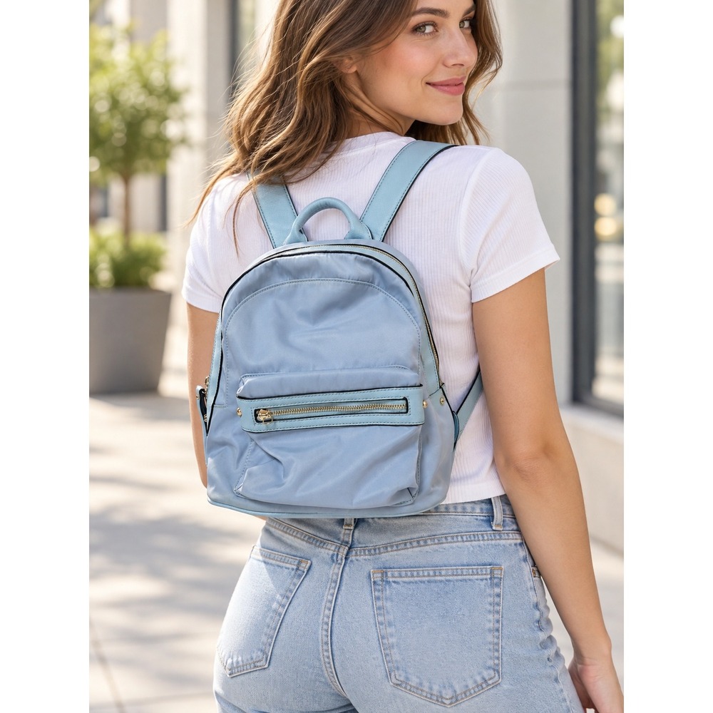 Light Blue Nylon Mini Backpack Gold Hardware Chevron Lining Zip Pockets Y2K